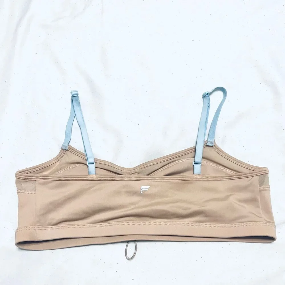 Fabletics Makayla Bra Low Impact Cinch Front Tan With Blue Straps Size L NWT